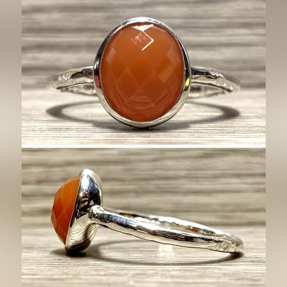 Designer Signed JCM Sterling Silver Oval Orange Color Chalcedony Ring, Size 10